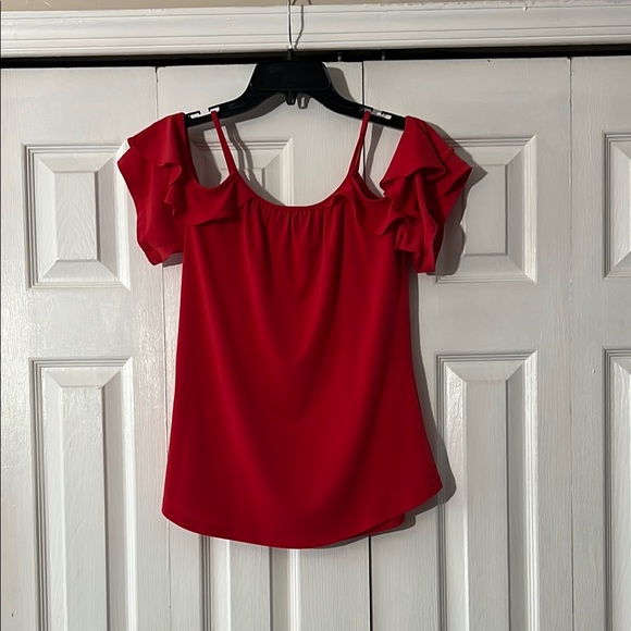 Red-Orange Ruffle Cold Shoulder Top - Picture 3 of 3
